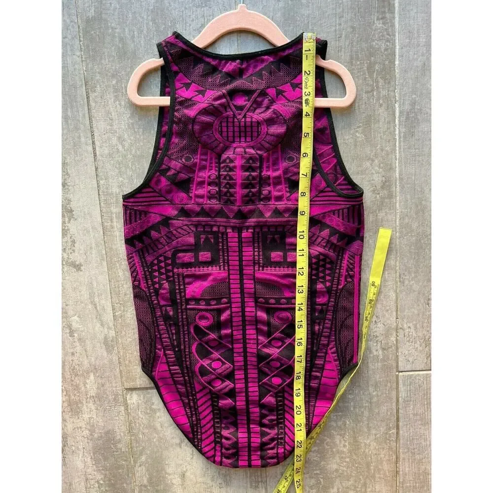 Intimately Free People Tribal Fitted Purple Black High Neck Stretch Bodysuit M